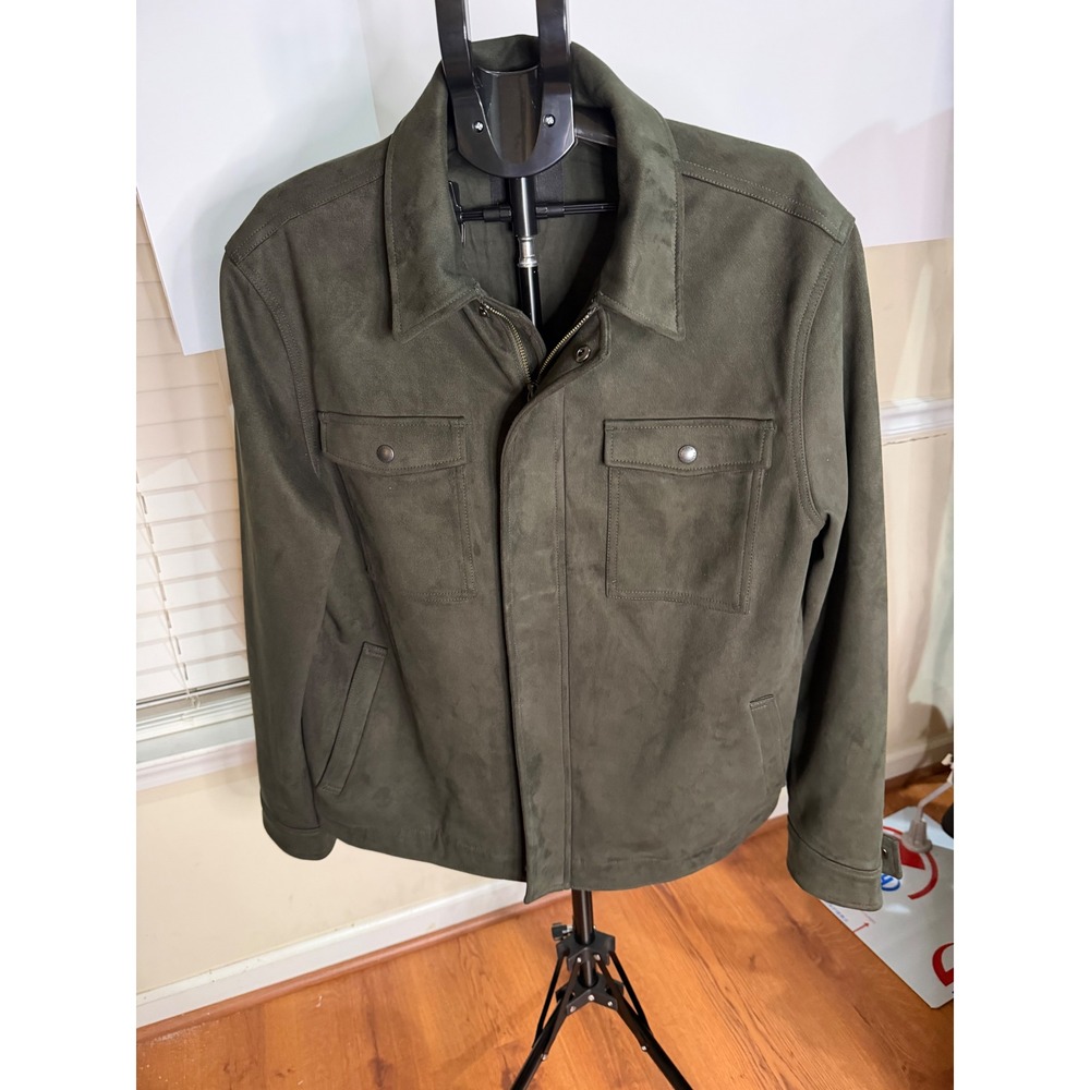 Banana Republic Mens XL Vegan Suede Trucker Jacket Olive Green Full Zip Utility - Picture 4 of 13